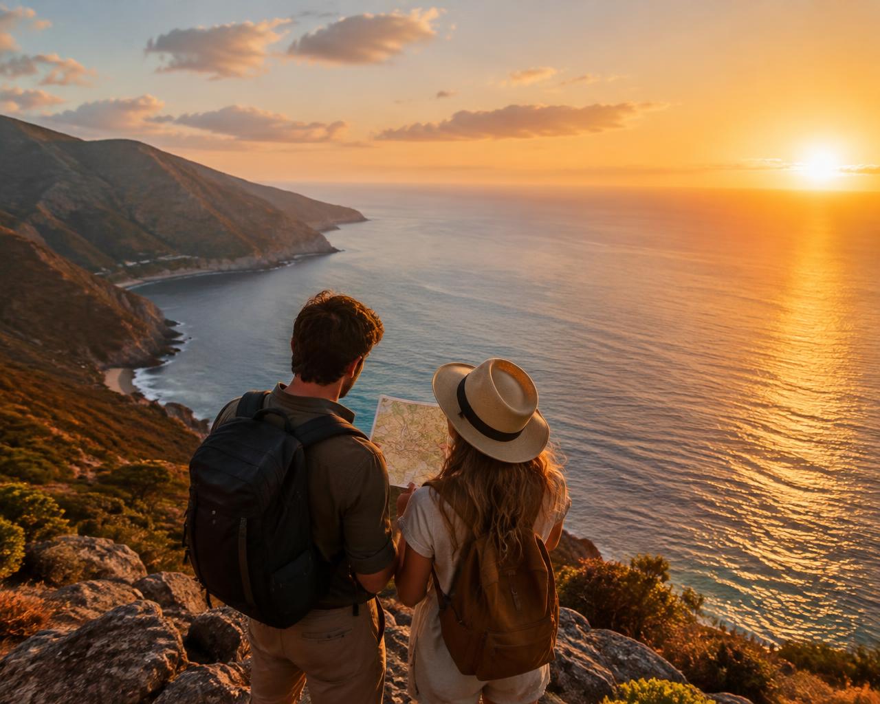 Travellers enjoying a coastal sunset